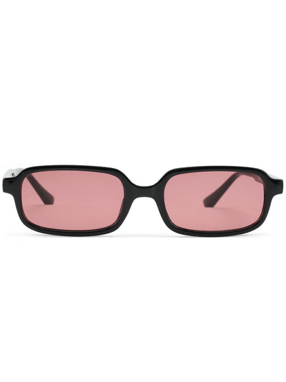 Black sunglasses with pink lenses on a white background