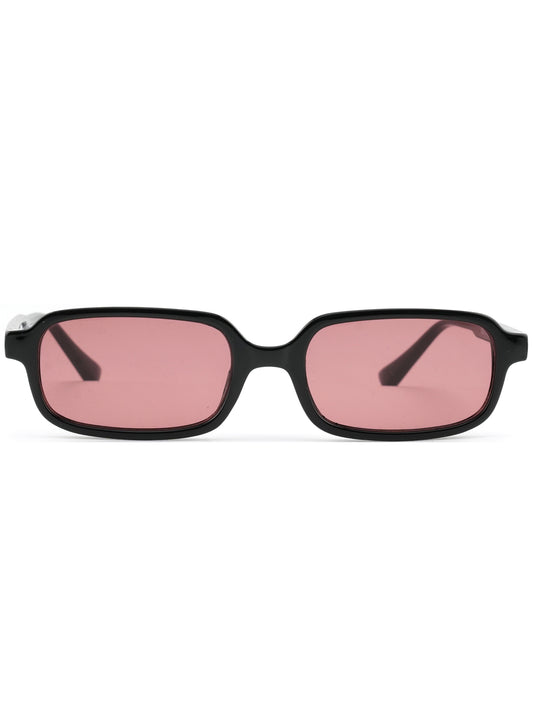 Black sunglasses with pink lenses on a white background