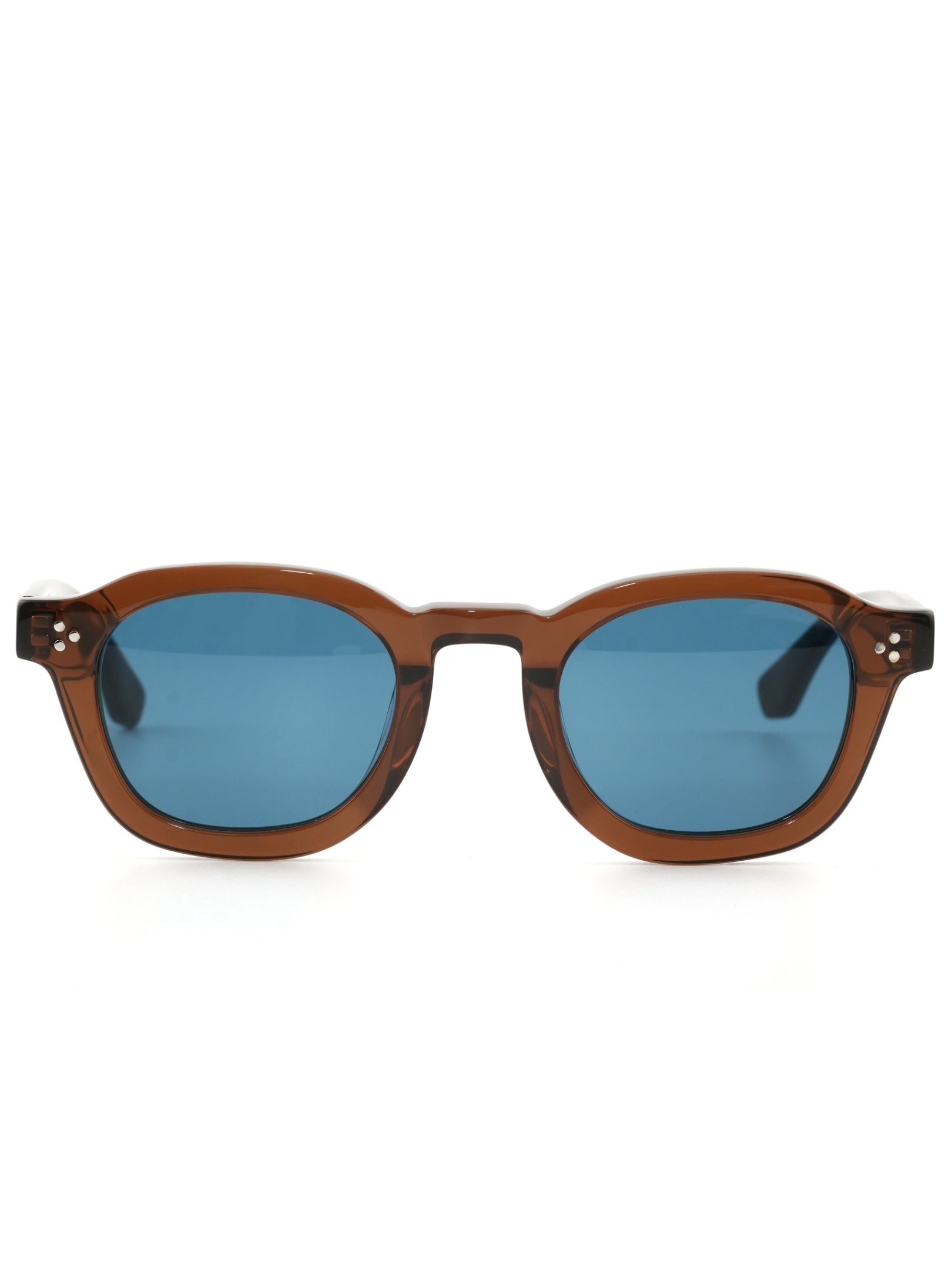 Oval shaped sunglass with brown frame and dark shaded lenses