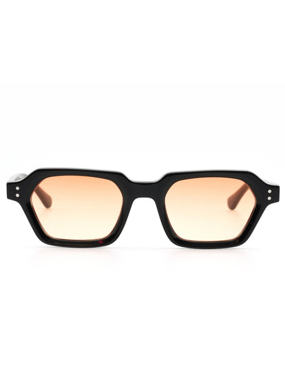 Sunglasses with black frame and orange-tinted lenses on a white background